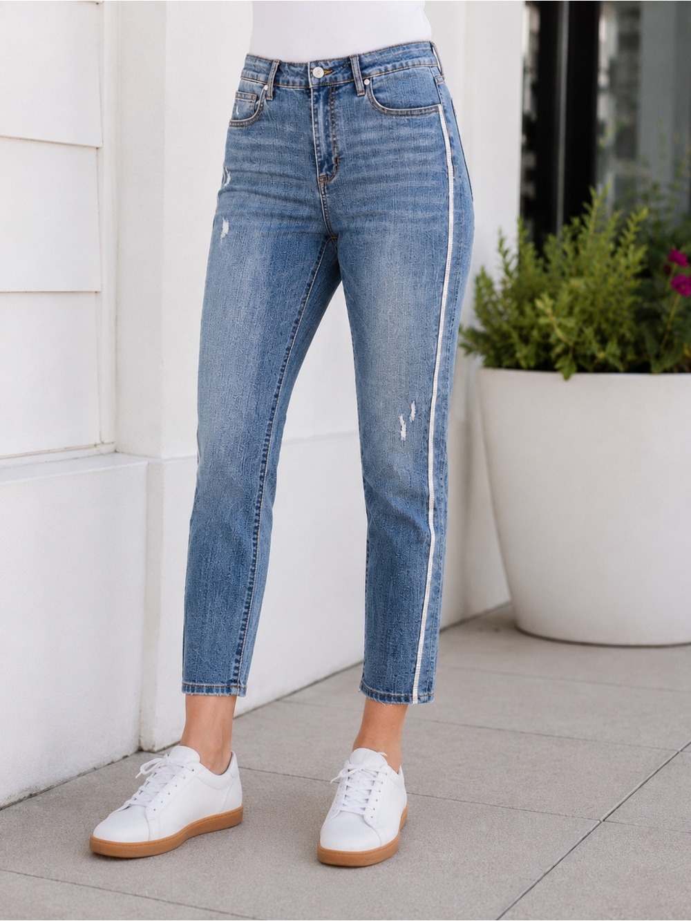 Guess Classic High-Rise Blue Jeans w/ Rhinestone Side Stripe